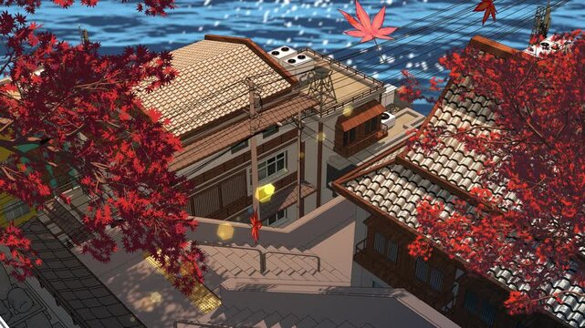 Japanese Autumn Alley by the Sea - Anime Seamless Loop 4K