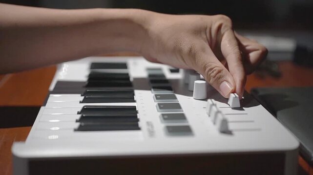 Close Up of Musician Hand Turning Knob on White MIDI Keyboard Controller