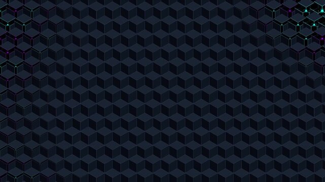 Abstract dark background with a pattern of isometric cubes and glowing neon lights