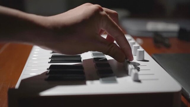 Close Up of Musician Hand Turning Knob on White MIDI Keyboard Controller