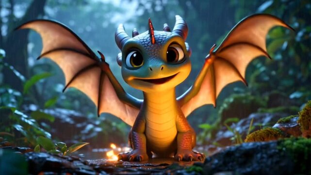 Cute baby dragon crying in the jungle 