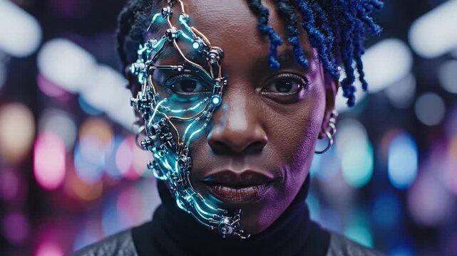 A portrait of a futuristic person with glowing cybernetic facial implants