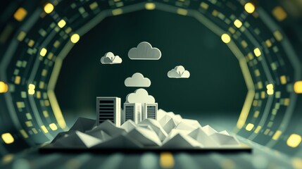 Obraz premium Papercraft cityscape within tunnel. Mountains support buildings, clouds above. Lights create circular framing effect. Minimalist design.