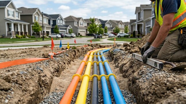 Construction worker installing underground utility pipes in a trench. Man using a level tool to lay colored conduits for residential infrastructure. Civil engineering and utility maintenance.