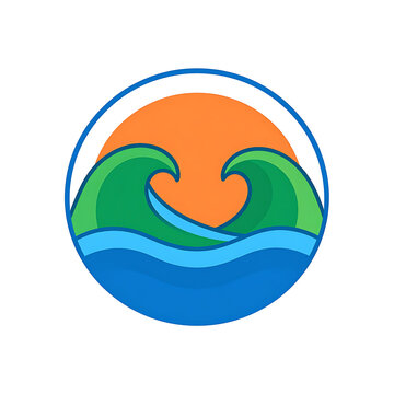 stylized ocean waves and sun icon, circular emblem, blue water, green and orange hues, simple graphic element