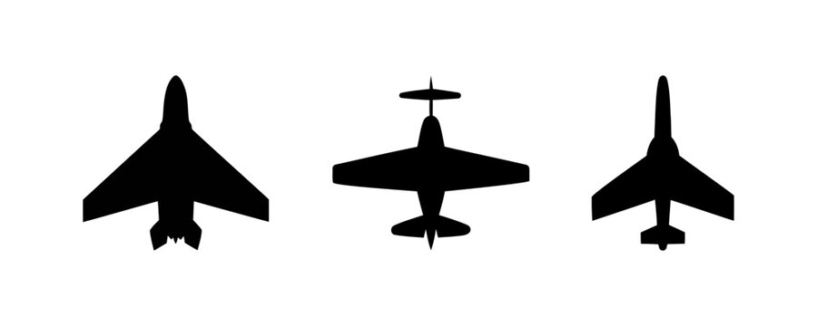 Three black silhouettes of different airplanes flying in the air