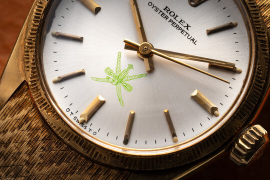 Detail of the dial of the Rolex Oyster Perpetual self-winding watch, reference 6744, 18kt yellow gold case. Milan, Italy, September 15, 2025.