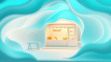 Obraz premium Bakery shop inside tunnel. Soft lighting, pastel colors, simple design. Minimalist aesthetic, cozy atmosphere. Focus on bread display.
