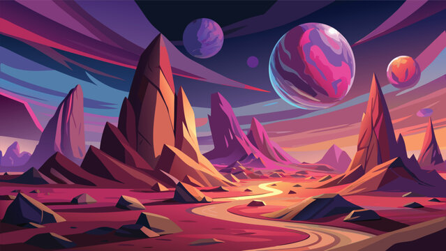 Alien landscape with jagged peaks and colorful planets a vibrant vector illustration with a scenic backdrop planet extraterrestrial digital art