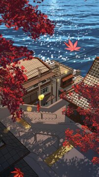 Japanese Autumn Alley by the Sea - Anime Seamless Loop vertical 4K