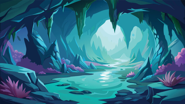 Mysterious cave interior with a flowing stream depicted as a vibrant vector illustration with cool toned lighting caves grotto cavern