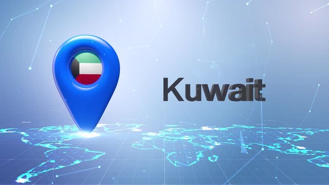 Kuwait Flag Inside Location Pin On Digital World Map Animation