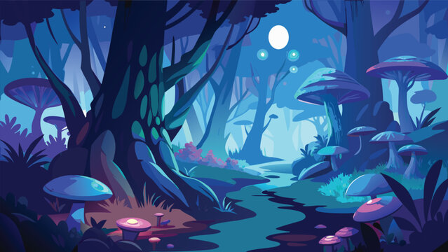 Mystical forest scene with glowing mushrooms and trees a vibrant vector illustration in shades of blue and purple woods fungi