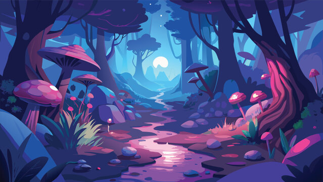 Enchanted forest scene with glowing mushrooms and winding stream a vibrant vector illustration woodland trees fungi water path night darkness