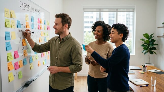 Diverse business team collaborating on whiteboard in modern office.
