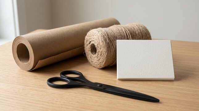 Gift wrapping supplies with blank card mockup on wooden table.