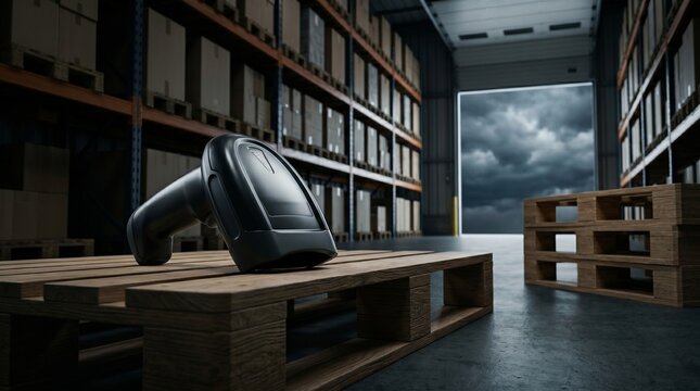Handheld barcode scanner on wooden pallet in a large industrial warehouse.
