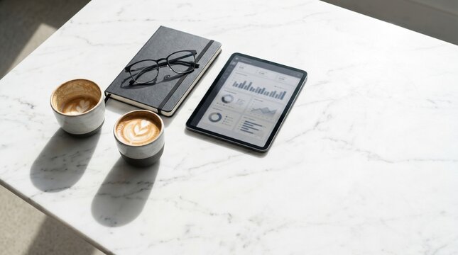 Business tablet with charts next to coffee cups and notebook on office desk.