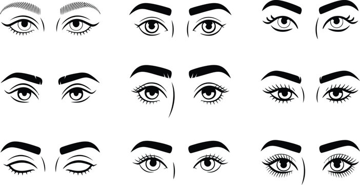 Set of diverse female eyes illustrations in black and white with expression. Vector illustration
