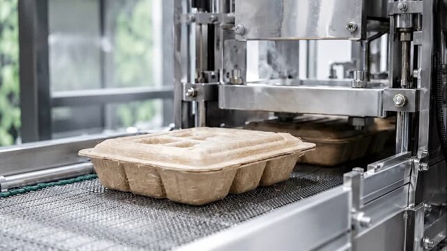 Biodegradable molded pulp tray packaging sustainable fiber conveyor for eco friendly food container production line plastic free meal packaging