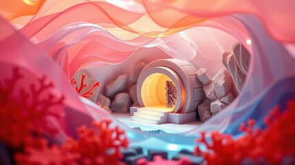 Obraz premium Stylized cave entrance. Soft lighting, flowing shapes, vibrant colors create dreamlike underwater scene. Rocks, coral visible.