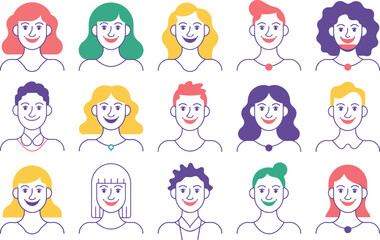 Fototapeta premium Diverse group of happy young people profile avatars in colorful flat style. Vector illustration