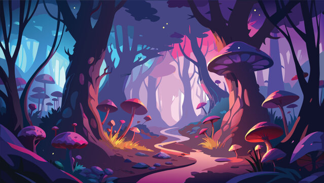 Mystical forest scene with glowing mushrooms and winding path a vibrant vector illustration woods trees mushroom fungi mycology luminescent trail