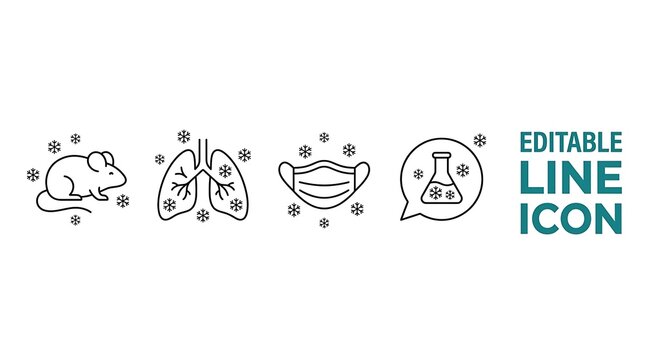 Coronavirus line icons featuring a mouse lungs face mask and speech bubble on white