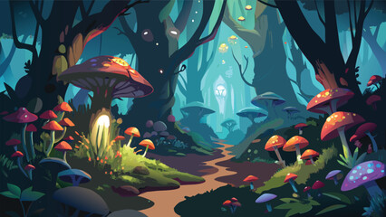 Enchanted forest scene with glowing mushrooms and winding path a colorful vector illustration woodland mushroom fungi toadstool mycology luminescent trail © CreativeKamrul
