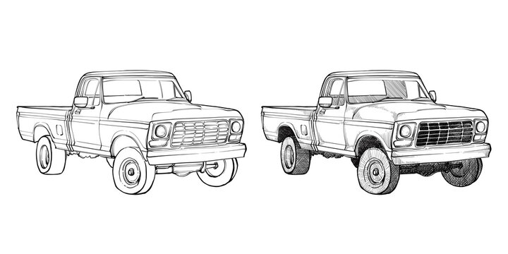 Hand drawn sketch of a vintage truck using line art style hatching and cross hatching technique with transparent background 