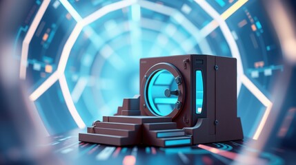 Obraz premium Futuristic structure stands center. Glowing lights create tunnel illusion. Dark background emphasizes geometric design, sleek metallic finish.