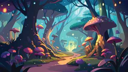 Enchanted forest scene with colorful mushrooms and winding path a vibrant vector illustration woodland fungi toadstools trail trees foliage vegetation © CreativeKamrul