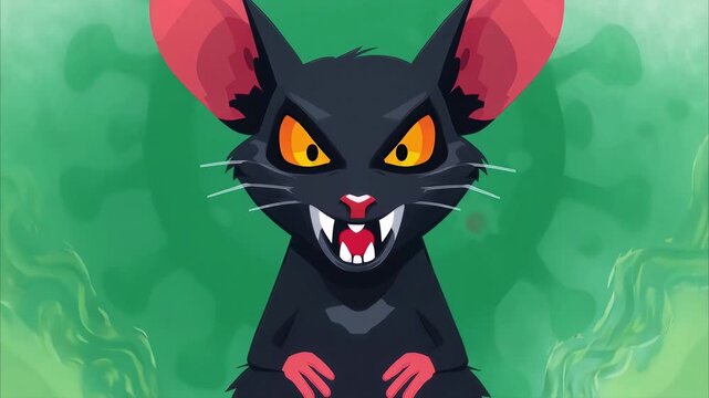 Rat illustration motion video depicting a dangerous rodent character with sharp teeth set against a green virus cell background element