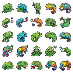 Colorful chameleon characters with different expressions and poses © sipar
