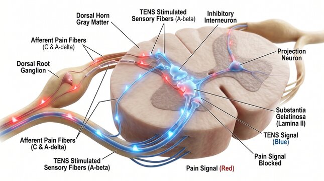 3D Microscopic Diagram of Gate Control Theory and TENS Pain Relief
