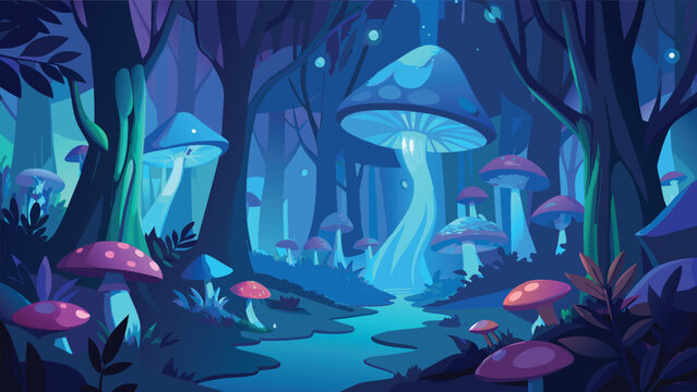 Luminous mushrooms in a stylized forest scene a vibrant vector illustration with deep blue and purple hues fungi toadstools mycology