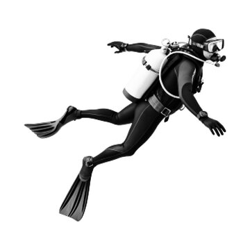 Scuba diver swimming underwater in halftone style isolated on gray background. Minimal monochrome diving illustration with retro dotted texture and marine adventure theme.
