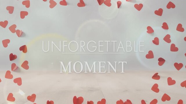 Thin line appearing, centered title UNFORGETTABLE MOMENT forming, showing message, hearts floating