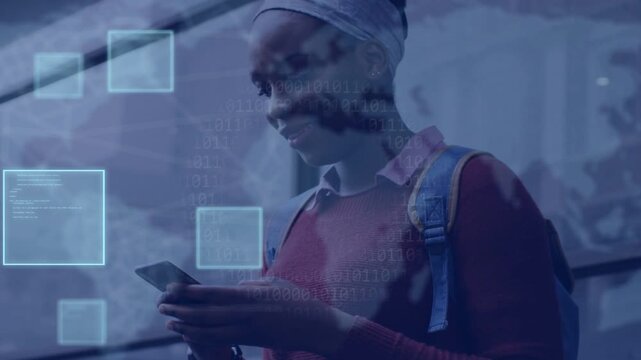 Woman student tapping phone by glass sparking binary UI panels floating around phone fetching data