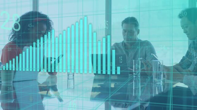 Business lead typing, starting cyan chart rising across glossy table over team reviewing data