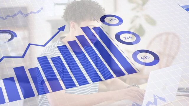 Man typing on laptop, data loading triggers charts overlaying and badges updating, tracking finance