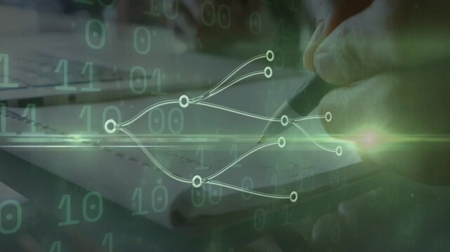Right hand moving pen over notebook, activating branching nodes and binary digits to map tech flow
