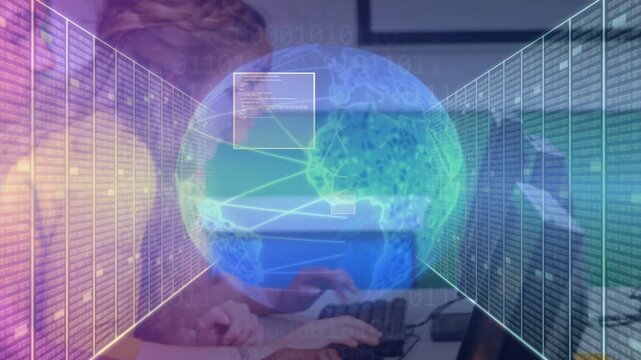 pupils typing at education lab, holographic globe fading in, wireframe panels guiding code teamwork