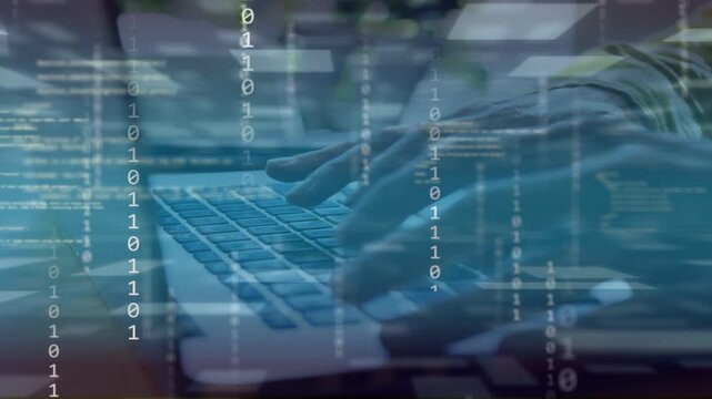 Woman with hands resting, typing on laptop, coding while binary overlays appearing over keyboard