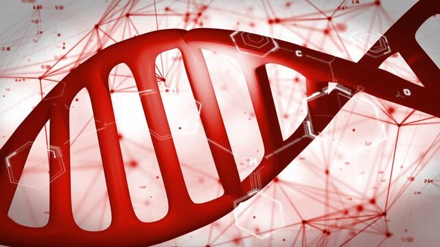Red DNA double helix rotating and translating, camera shifting revealing molecular overlays
