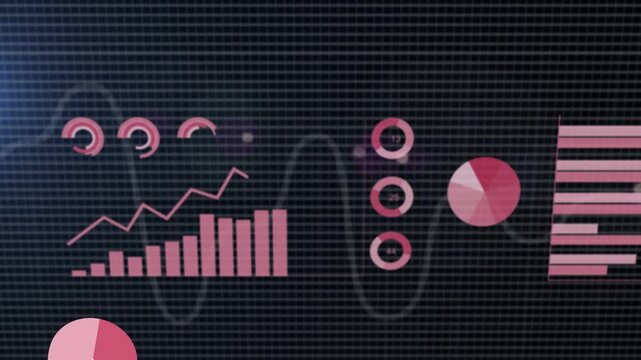 Data graphics emerging from right and bottom, aligning and forming analytics HUD for analysing data
