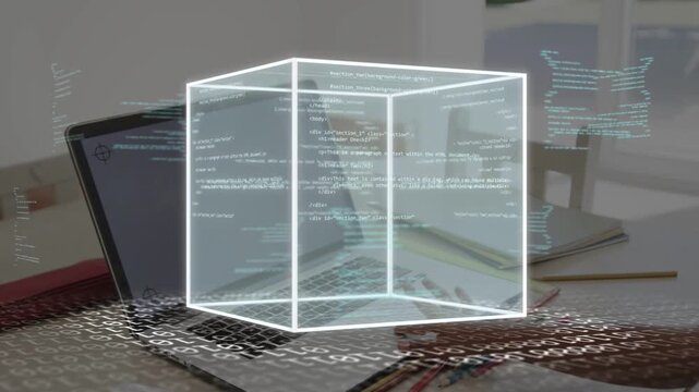 Child reaching toward laptop, touching keys, activating hologram cube showing code for education