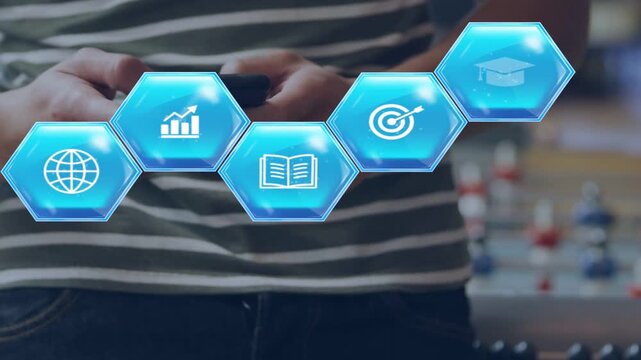 Male user holding smartphone and tapping, hex icons animating into education menu above hands