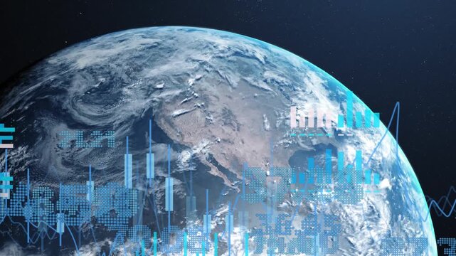 Blue data overlays emerging from lower-left expanding across Earth, showing global data