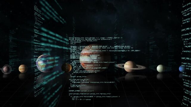 Code panels starting shift, planets reflecting grid, rings marking Jupiter for labeling
